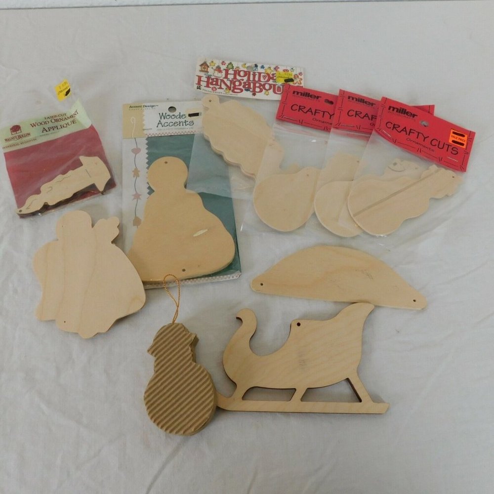Christmas Lot of 11 Unfinished Wood Pieces Snowman Angel Sleigh Candle Santa New